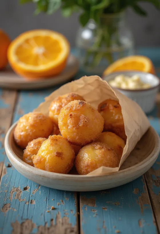 Bolinho de Chuva mit Orangensaft, knusprige Teigbällchen mit Zimt und Zucker