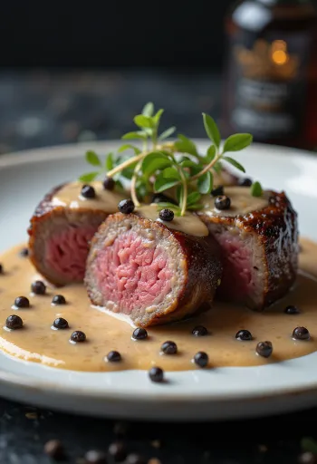 Emu-Filet an Pfeffersauce serviert mit Gemüse.