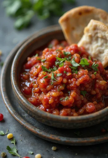 Acılı Ezme mit Olivenöl und Petersilie serviert