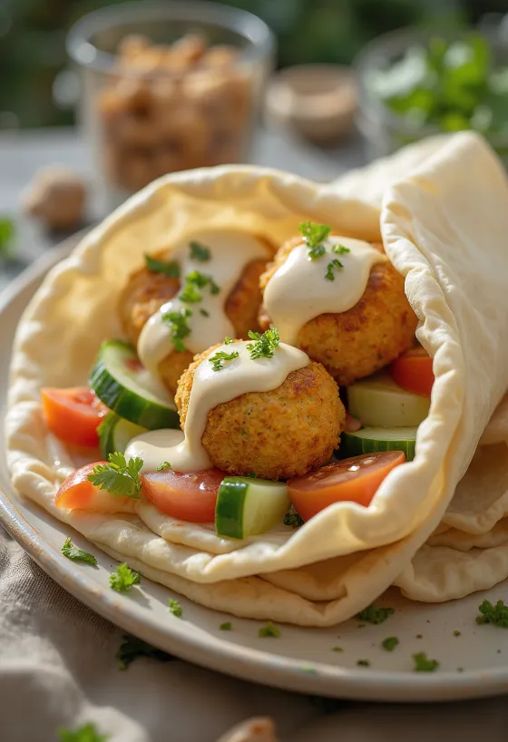 Falafel im Pita-Brot mit frischem Gemüse und Tahini-Sauce