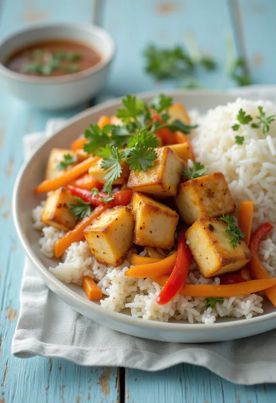 Tofu-Pfanne mit Reis und Gemüse serviert