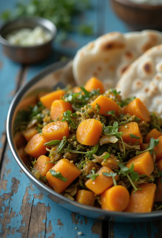 Gajar Methi Sabzi in einer Schüssel, garniert mit frischem Koriander