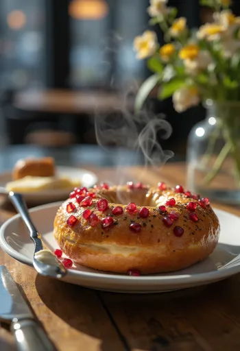 Frisch gebackene Bagels mit Granatapfel und Honig