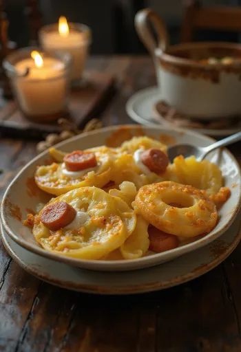 Kartoffelauflauf geschichtet mit Wurst und Ei, mit Sauerrahm obenauf.