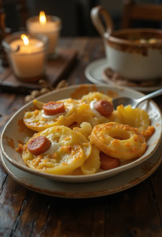 Kartoffelauflauf geschichtet mit Wurst und Ei, mit Sauerrahm obenauf.