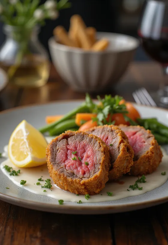 Paniertes Rinderfilet in knuspriger Panade serviert
