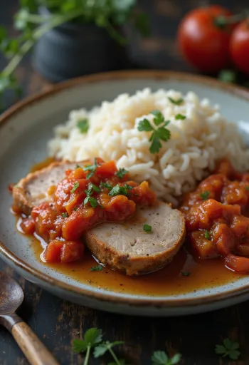Schweinenacken mit Letscho und Reis serviert