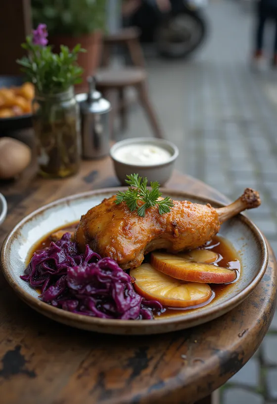 Servierte Entenkeule mit Apfelrotkohl