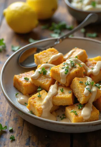 Gebratener Tofu mit Zitronen-Tahini-Dressing, serviert mit frischer Petersilie und Sesam