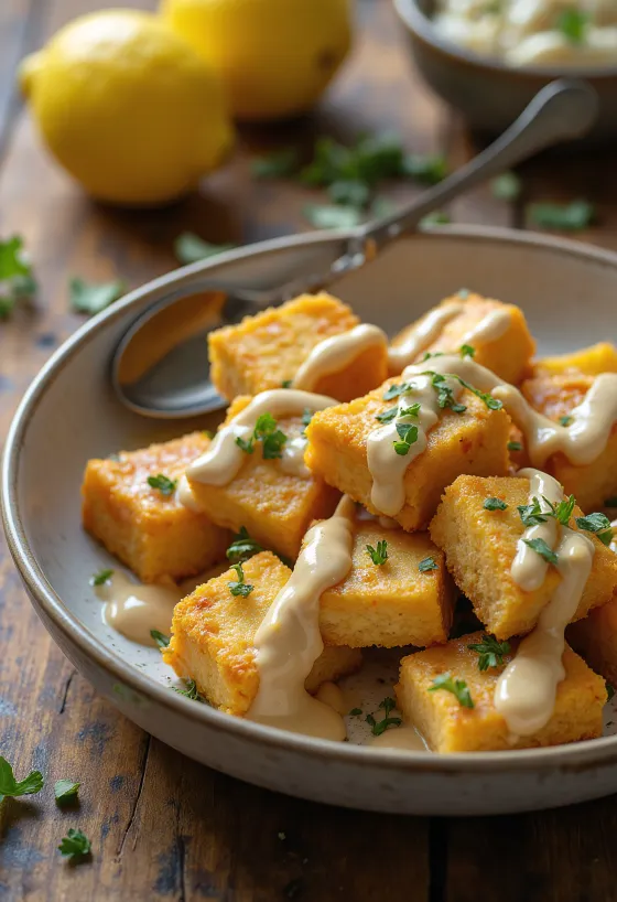 Gebratener Tofu mit Zitronen-Tahini-Dressing, serviert mit frischer Petersilie und Sesam
