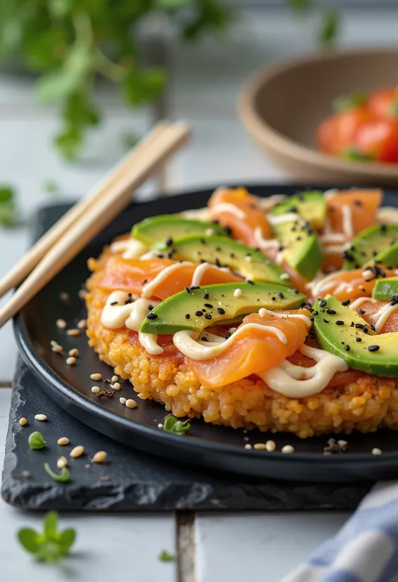 Sushi Pizza mit japanischem Reisboden, Lachs und Avocado