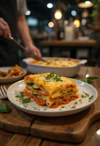 Vegane Gemüse-Lasagne serviert