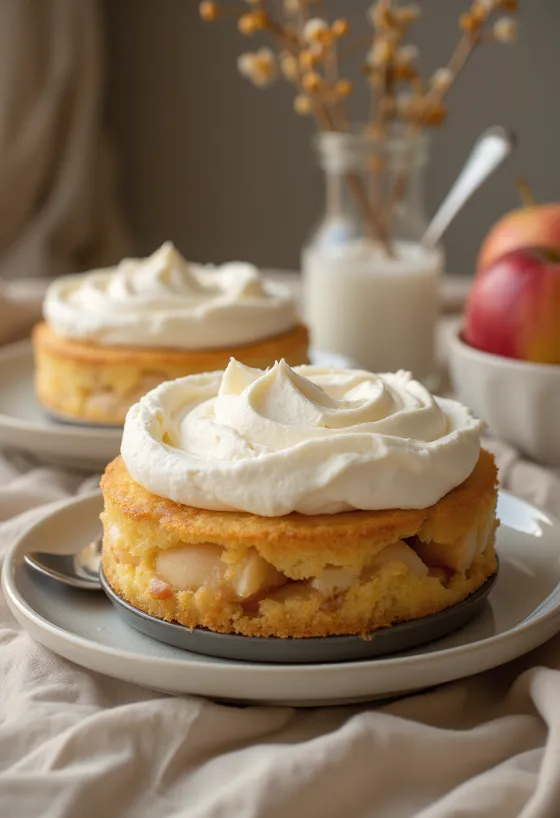 Apfel-Sahne-Torte serviert mit Sahnehaube und Apfelspalten