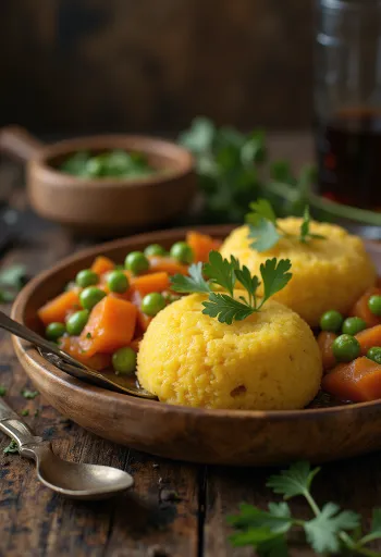 Fungee mit Gemüse, reichhaltiges Maisgericht mit frischem Gemüse