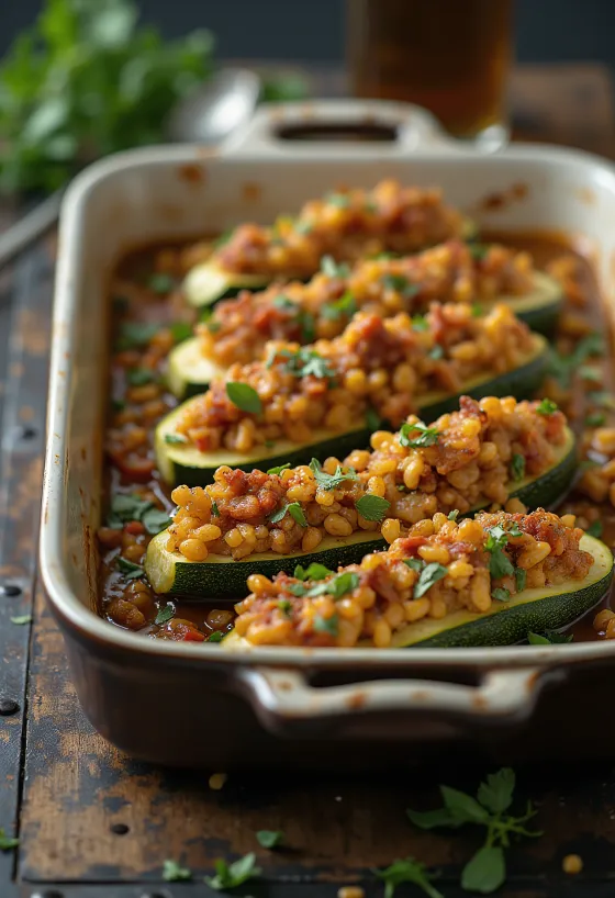 Gefüllte Zucchini vegan serviert