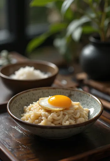 Nattō mit Ei, serviert mit frischem Lauch und Nori-Algen