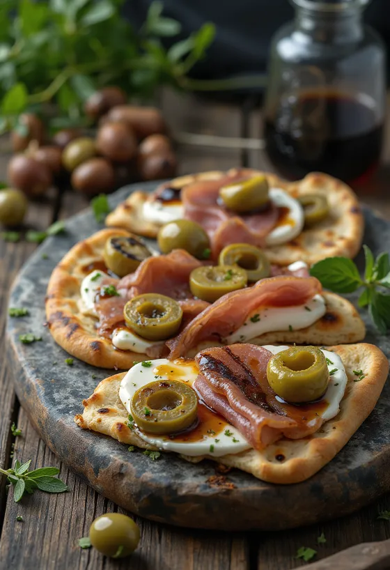 Piadina serviert mit Schinken und grünen Oliven