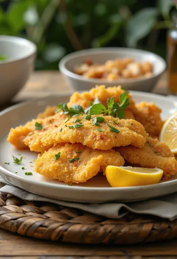Panierte Welsfilets in Entenschmalz gebraten, mit Zitrone und Petersilie garniert
