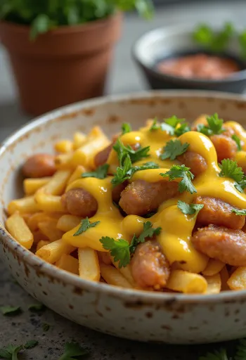 Salchipapas mit Aji-Amarillo-Sauce, serviert mit frischem Koriander