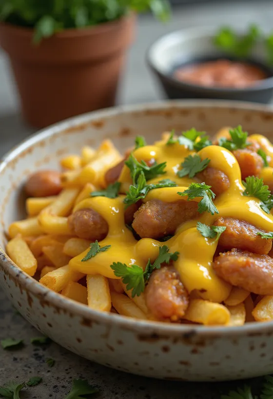 Salchipapas mit Aji-Amarillo-Sauce, serviert mit frischem Koriander
