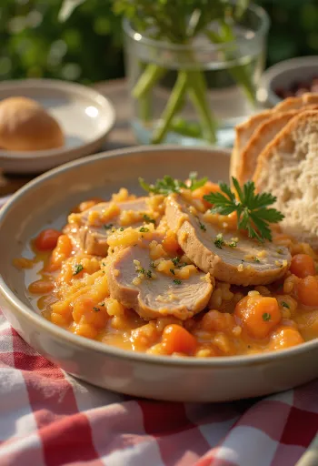 Schweinenacken in sahnigem Letscho serviert