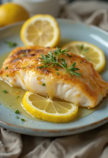 Gebratenes Fischfilet mit Zitronensoße serviert