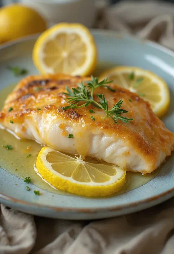 Gebratenes Fischfilet mit Zitronensoße serviert