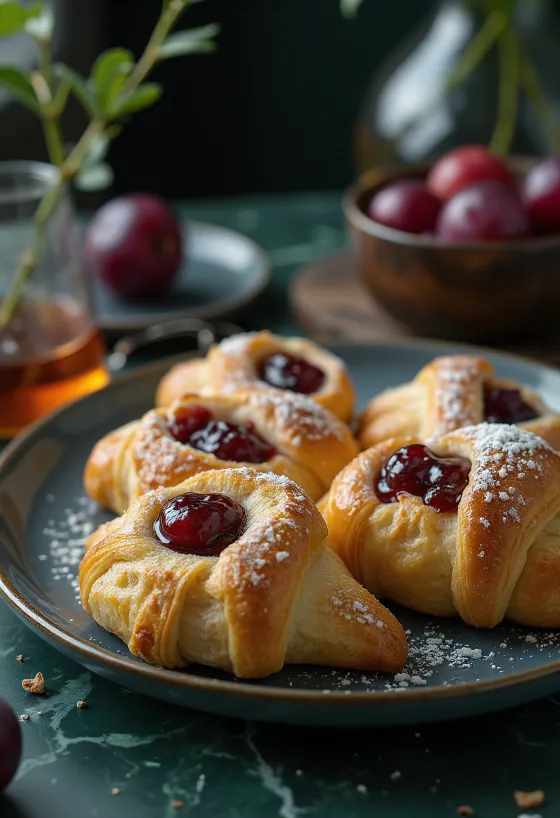 Frische, hausgemachte Pflaumenmus-Hörnchen, mit Puderzucker bestreut.