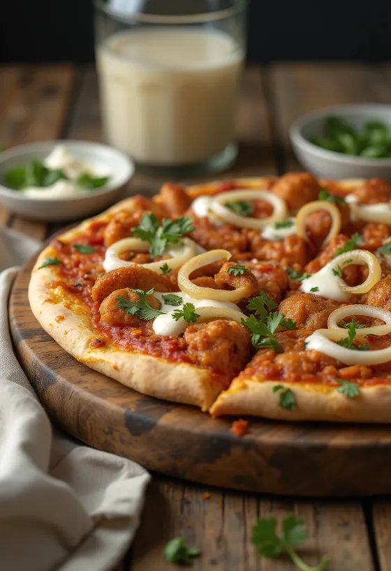 Tandoori Chicken Pizza mit indischen Gewürzen und Koriander