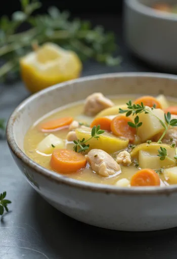 Cremige Estragon-Ragoutsuppe mit Hähnchen, Gemüse und frischem Estragon garniert.