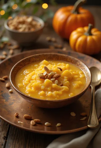 Kürbis-Kheer, serviert mit gerösteten Kürbiskernen