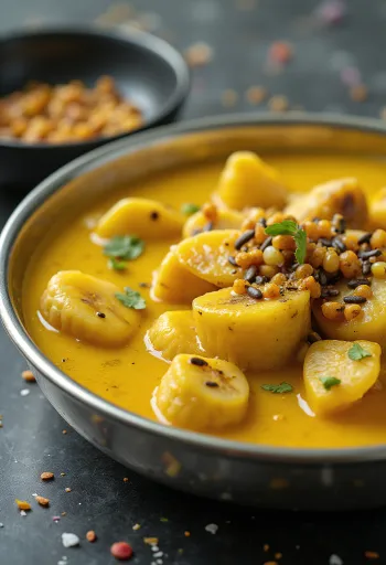 Serviertes Vazhaithandu Kootu mit reichen Aromen und frischem Koriander