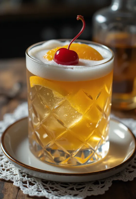 Whisky Sour Cocktail garniert mit Orangenscheibe und Cocktailkirsche