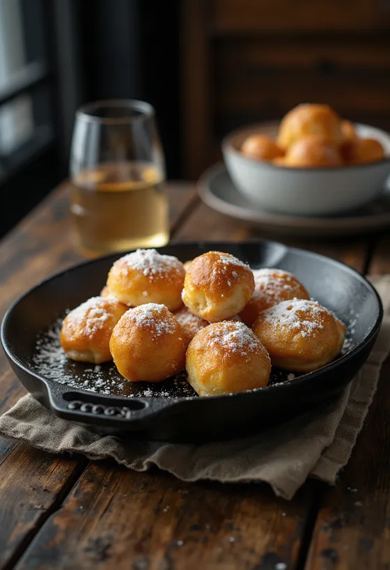 Æbleskiver dänische Krapfenbällchen mit Puderzucker bestreut