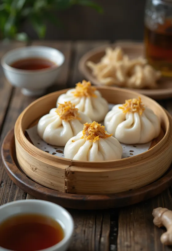 Bao Buns mit gebratenem Putenfleisch, gedämpft, einfach serviert