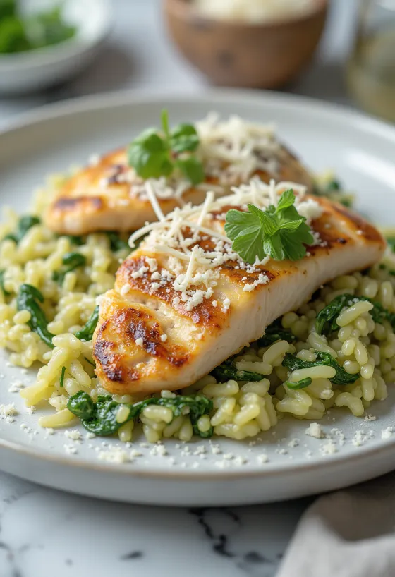Hähnchenbrust mit Spinat-Risotto serviert