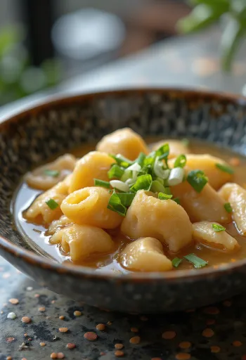 Traditionelles Sujebi, koreanische Nudelsuppe, mit Lauch und Knoblauch