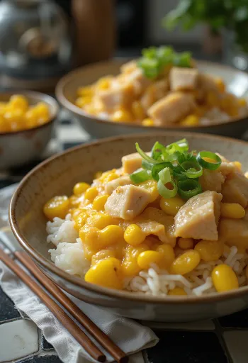 Oyakodon mit Maisfüllung serviert mit gegrilltem Hähnchen und frischem Koriander