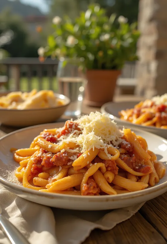 Pasta mit Auberginen, saftiger Tomatensauce und frischem Basilikum