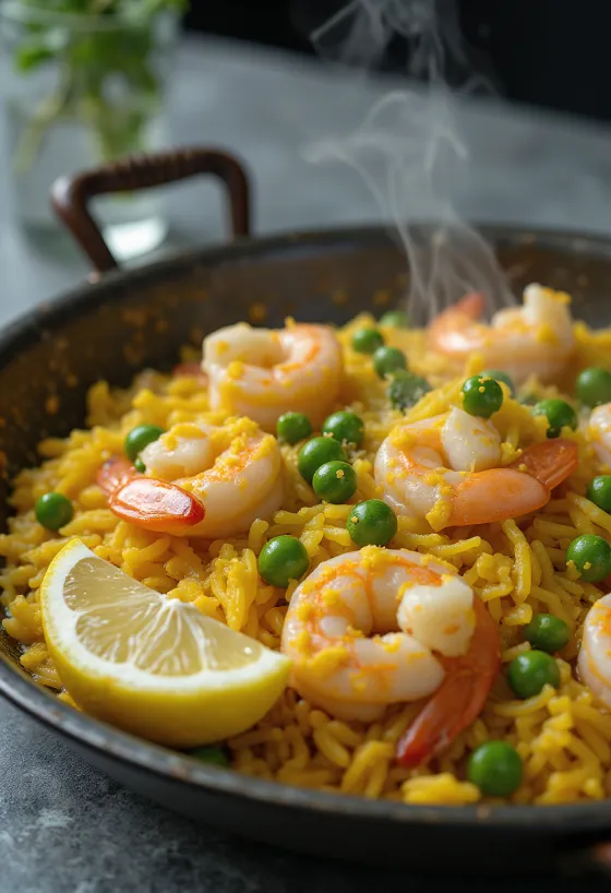 Spanische Paella mit frischen Meeresfrüchten, Gemüse und Safran