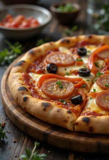 Frisch gebackene Pizza mit scharfer Wurst