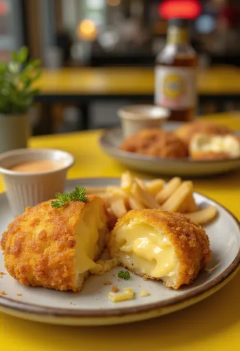 Gebackener Käse goldbraun gebraten, mit knuspriger Panade und frischen Zitronenscheiben serviert