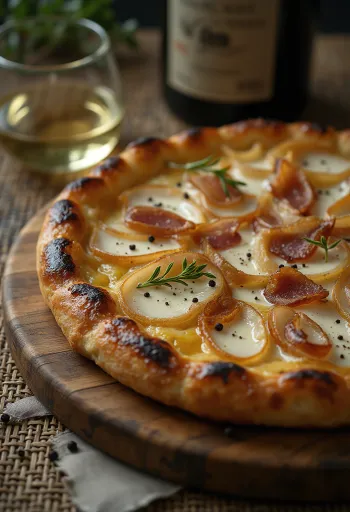 Tarte Flambée mit Schmand, Zwiebeln und Speck