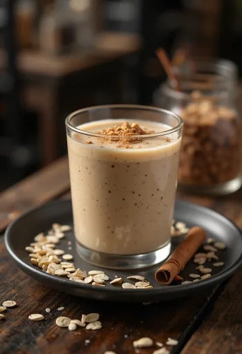 Haferflocken-Smoothie im hohen Glas, dekoriert mit Haferflocken und Zimt