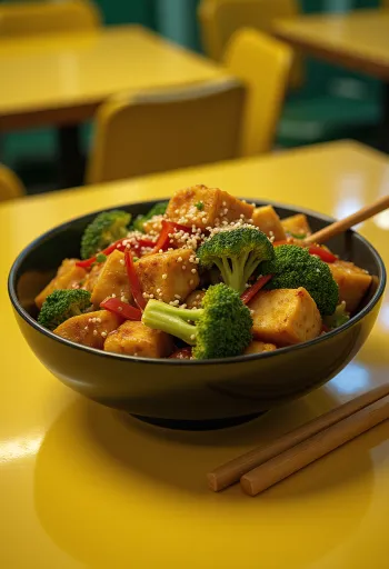 Tofu-Gemüse-Pfanne mit frischem Koriander serviert