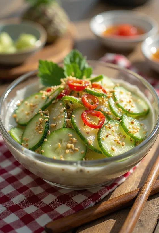 Amazuzuke japanischer Gurkensalat, mit Sesam und Chili