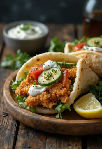 Hähnchen-Gyros serviert mit frischem Gemüse, Tzatziki-Sauce und Pita-Brot.