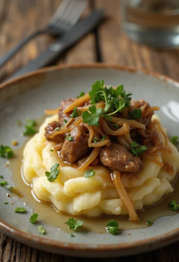Hähnchenleber mit Zwiebel-Stampfkartoffeln serviert