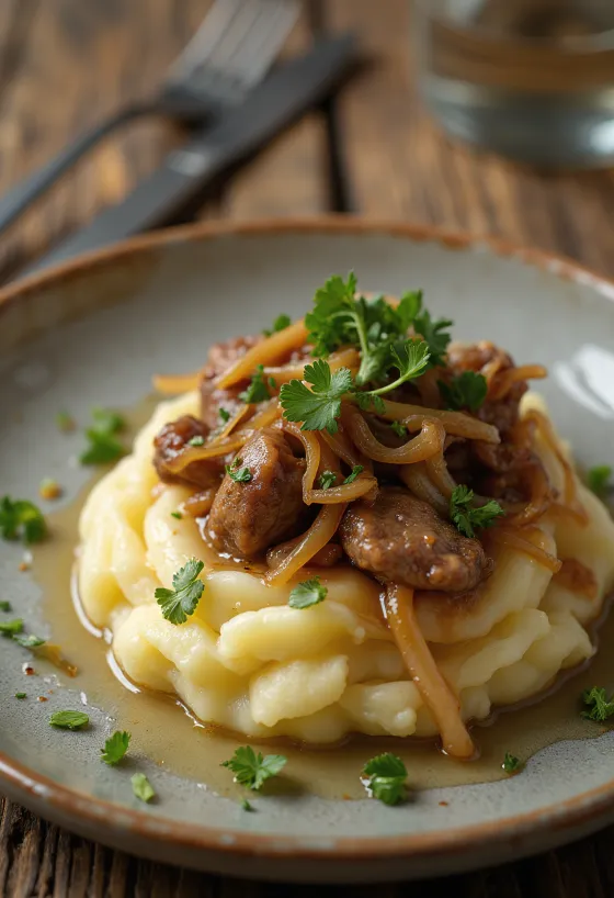 Hähnchenleber mit Zwiebel-Stampfkartoffeln serviert