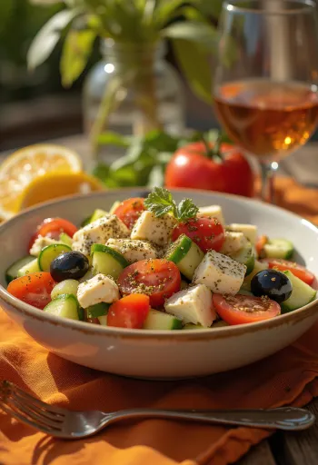 Griechischer Salat mit gebratenen Tofu-Würfeln